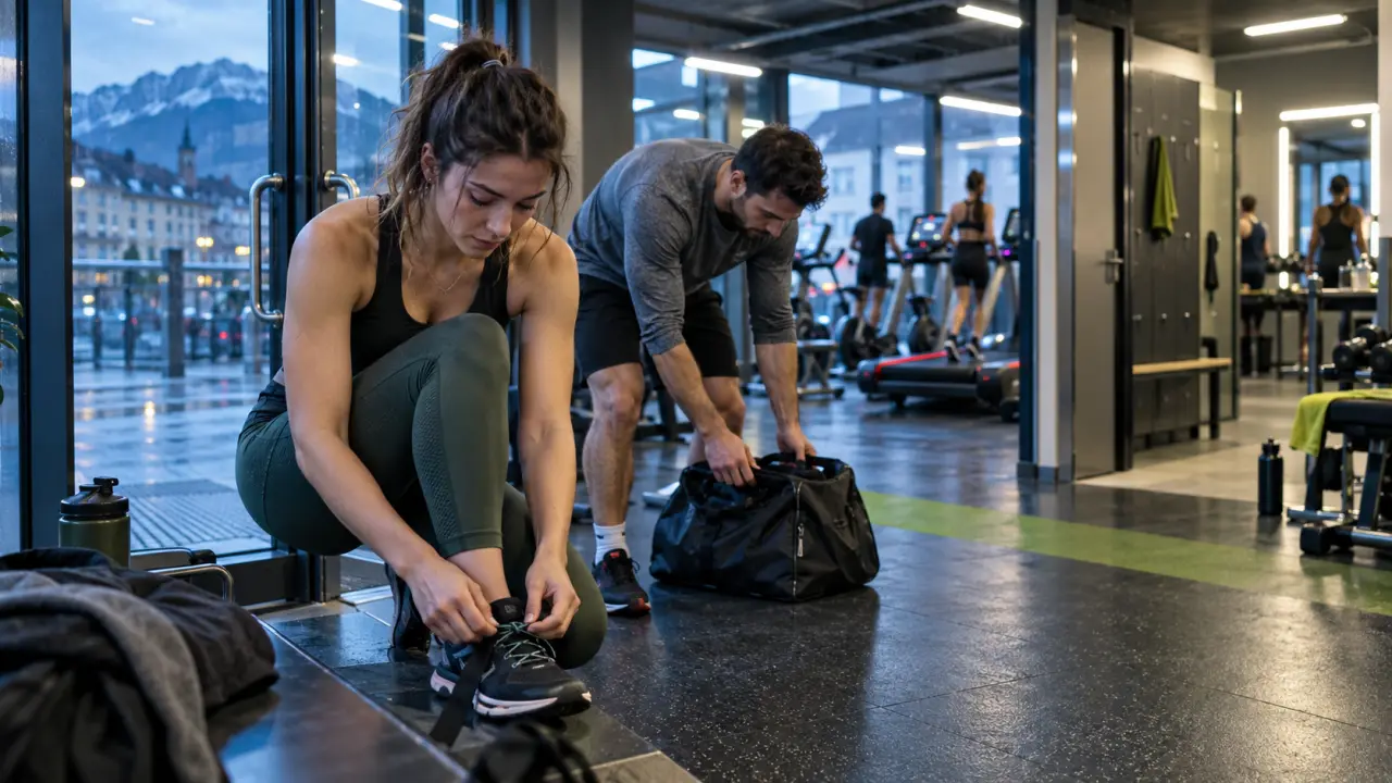 Sport chambery : jeune en tenue ajuste ses baskets devant une salle de fitness
